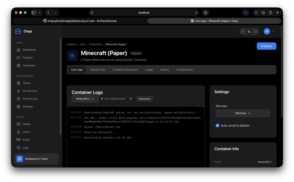 Chap live container logs and deployment controls
