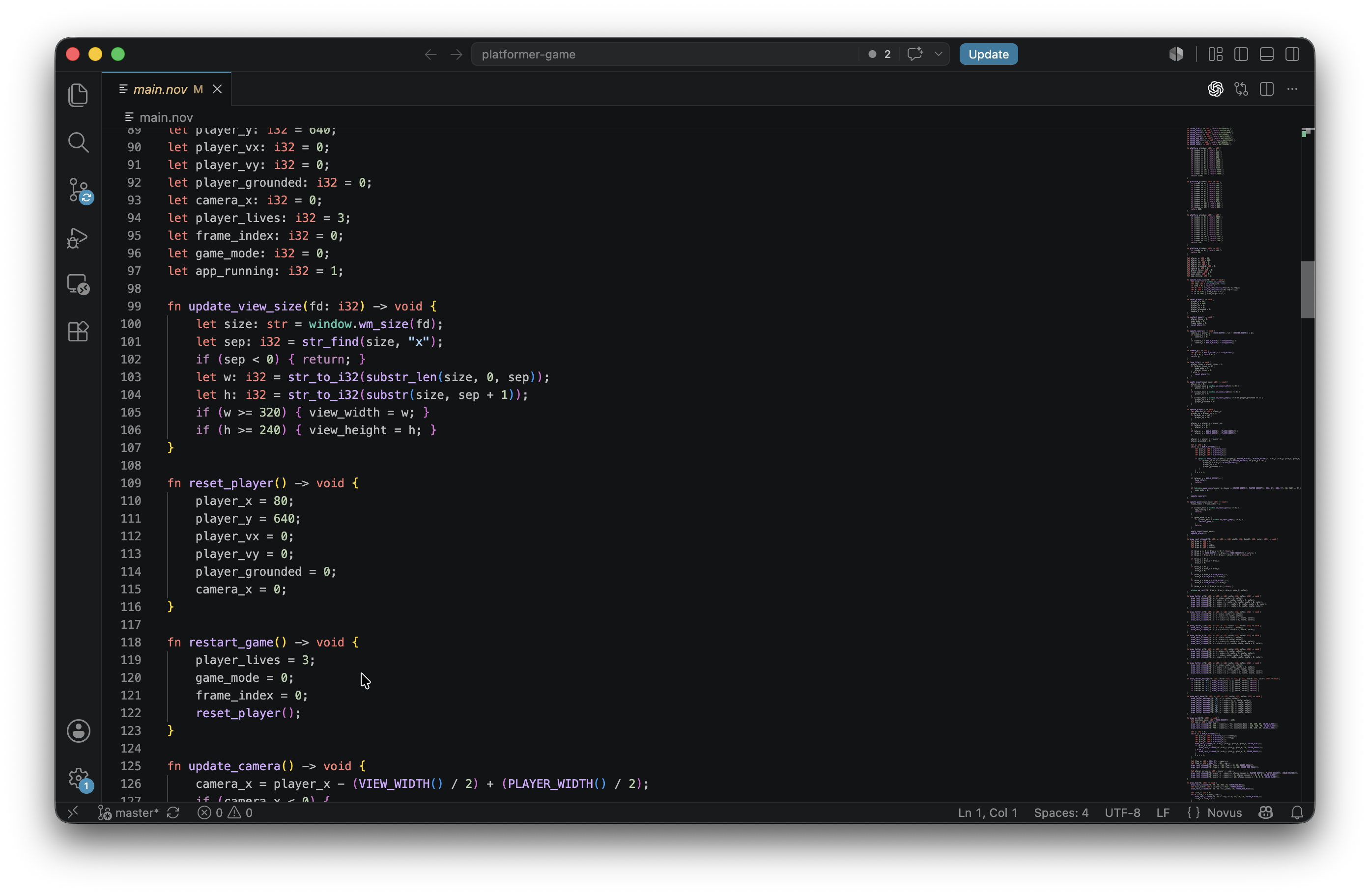 Visual Studio Code showing a Novus source file for a platformer game.