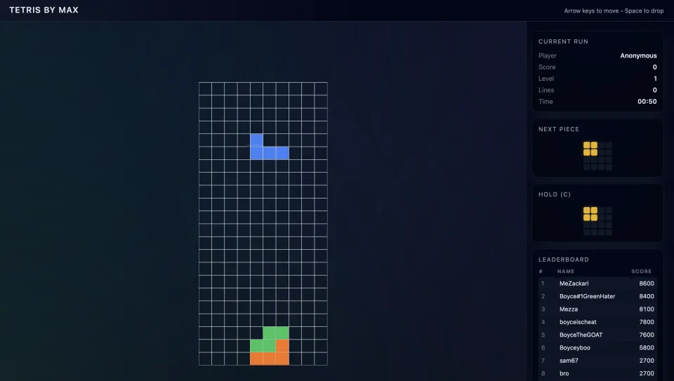 Tetris game board with score, next piece, and leaderboard